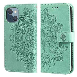 For iPhone 13 mini 7-petal Flowers Embossing Pattern Horizontal Flip PU Leather Case with Holder & Card Slots & Wallet & Photo Frame (Green)