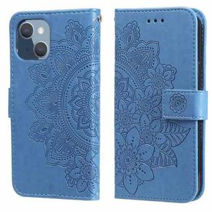 For iPhone 13 mini 7-petal Flowers Embossing Pattern Horizontal Flip PU Leather Case with Holder & Card Slots & Wallet & Photo Frame (Blue)