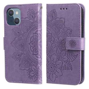 For iPhone 13 mini 7-petal Flowers Embossing Pattern Horizontal Flip PU Leather Case with Holder & Card Slots & Wallet & Photo Frame (Light Purple)