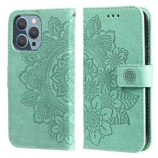 For iPhone 13 Pro 7-petal Flowers Embossing Pattern Horizontal Flip PU Leather Case with Holder & Card Slots & Wallet & Photo Frame (Green)