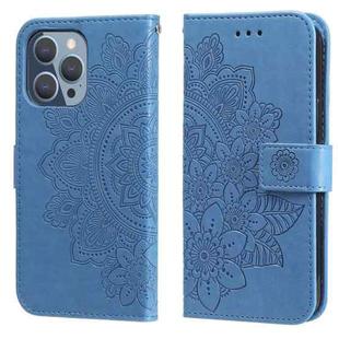 For iPhone 13 Pro 7-petal Flowers Embossing Pattern Horizontal Flip PU Leather Case with Holder & Card Slots & Wallet & Photo Frame (Blue)