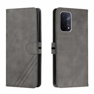 For OPPO A54 5G / A74 5G Stitching Style 2-Color Cow Texture Horizontal Flip PU Leather Case with Holder & Card Slot & Lanyard(Gray)