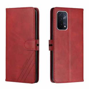 For OPPO A54 5G / A74 5G Stitching Style 2-Color Cow Texture Horizontal Flip PU Leather Case with Holder & Card Slot & Lanyard(Red)