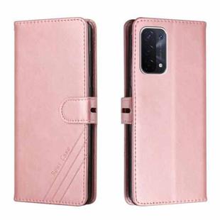 For OPPO A54 5G / A74 5G Stitching Style 2-Color Cow Texture Horizontal Flip PU Leather Case with Holder & Card Slot & Lanyard(Rose Gold)