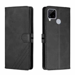 For Realme C15 Stitching Style 2-Color Cow Texture Horizontal Flip PU Leather Case with Holder & Card Slot & Lanyard(Black)