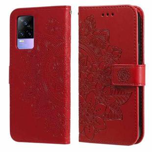 For vivo V21e 7-petal Flowers Embossing Pattern Horizontal Flip PU Leather Case with Holder & Card Slots & Wallet & Photo Frame(Red)