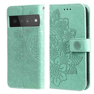 For Google Pixel 6 Pro 7-petal Flowers Embossing Pattern Horizontal Flip PU Leather Case with Holder & Card Slots & Wallet & Photo Frame(Green)