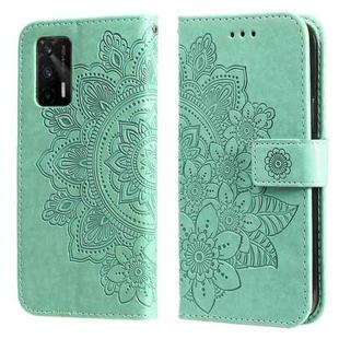 For OPPO Realme GT 5G 7-petal Flowers Embossing Pattern Horizontal Flip PU Leather Case with Holder & Card Slots & Wallet & Photo Frame(Green)