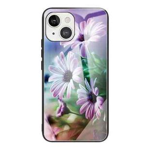 For iPhone 13 Tempered Glass + TPU Border Protective Case(Flowers)