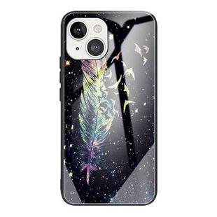 For iPhone 13 Colorful Painted Glass Shockproof Protective Case(Feather)