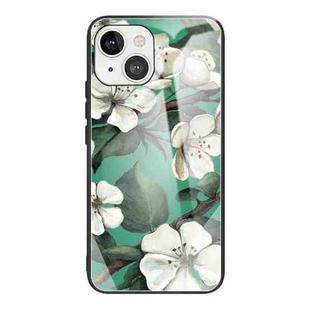 For iPhone 13 Colorful Painted Glass Shockproof Protective Case(White Flower)