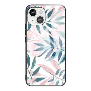 For iPhone 13 Colorful Painted Glass Shockproof Protective Case(Leaves)