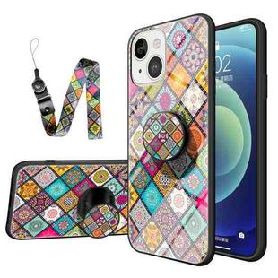 Painted Ethnic Pattern Tempered Glass + TPU Shockproof Case with Folding Magnetic Holder & Neck Strap For iPhone 13 mini(Checkered)