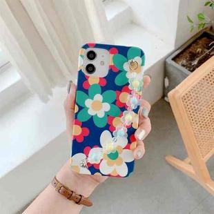 For iPhone 12 / 12 Pro Flower Pattern TPU Shockproof Protective Case with Flower Beads Wrist Bracelet Chain(Blue)