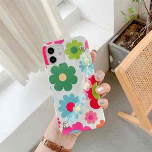 For iPhone 12 / 12 Pro Flower Pattern TPU Shockproof Protective Case with Flower Beads Wrist Bracelet Chain(White)