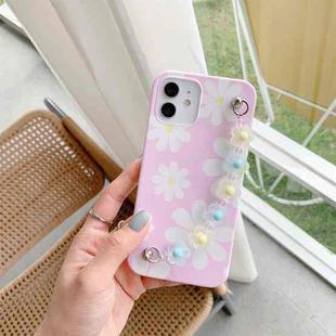 For iPhone 12 / 12 Pro Flower Pattern TPU Shockproof Protective Case with Flower Beads Wrist Bracelet Chain(Purple)