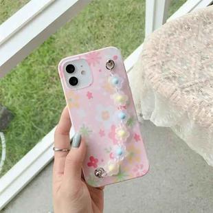 For iPhone 11 Flower Pattern TPU Shockproof Protective Case with Flower Beads Wrist Bracelet Chain (Pink)