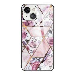 For iPhone 13 Abstract Marble Pattern Glass Protective Case(Rhombus Rose)