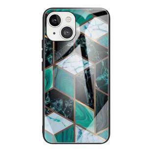 For iPhone 13 Abstract Marble Pattern Glass Protective Case(Rhombus Dark Green)