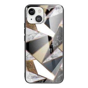 For iPhone 13 Abstract Marble Pattern Glass Protective Case(Rhombus Golden)