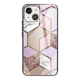 For iPhone 13 mini Abstract Marble Pattern Glass Protective Case (Rhombus Orange Purple)