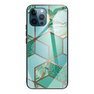 For iPhone 13 Pro Max Abstract Marble Pattern Glass Protective Case (Rhombus Green)