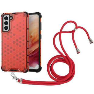 For Samsung Galaxy S21 5G Shockproof Honeycomb PC + TPU Case with Neck Lanyard(Red)