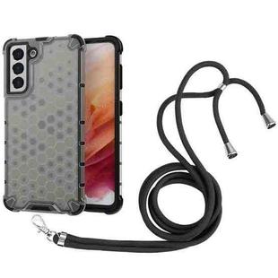 For Samsung Galaxy S21 5G Shockproof Honeycomb PC + TPU Case with Neck Lanyard(Black)