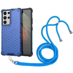For Samsung Galaxy S21 Ultra 5G Shockproof Honeycomb PC + TPU Case with Neck Lanyard(Blue)