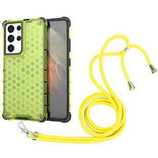 For Samsung Galaxy S21 Ultra 5G Shockproof Honeycomb PC + TPU Case with Neck Lanyard(Green)