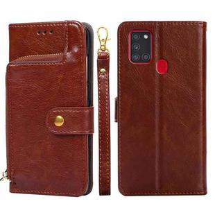 For Samsung Galaxy A21s Zipper Bag PU + TPU Horizontal Flip Leather Case with Holder & Card Slot & Wallet & Lanyard(Brown)