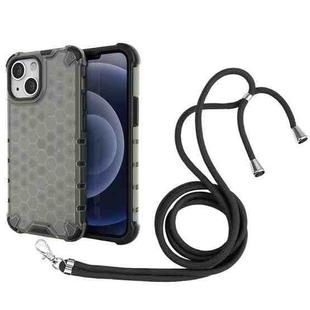 For iPhone 13 mini Shockproof Honeycomb PC + TPU Case with Neck Lanyard (Black)