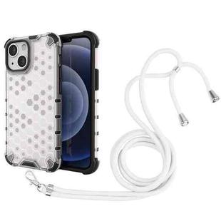 For iPhone 13 mini Shockproof Honeycomb PC + TPU Case with Neck Lanyard (White)