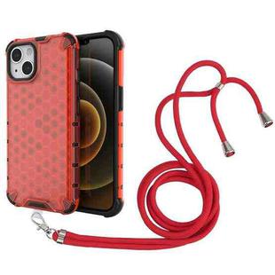 For iPhone 13 Shockproof Honeycomb PC + TPU Case with Neck Lanyard(Red)