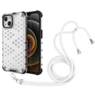 For iPhone 13 Shockproof Honeycomb PC + TPU Case with Neck Lanyard(White)