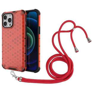 For iPhone 13 Pro Max Shockproof Honeycomb PC + TPU Case with Neck Lanyard (Red)