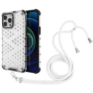 For iPhone 13 Pro Max Shockproof Honeycomb PC + TPU Case with Neck Lanyard (White)