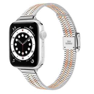 14mm Seven-beads Double Safety Buckle Slim Steel Watch Band For Apple Watch Series 9&8&7 41mm / SE 3&SE 2&6&SE&5&4 40mm / 3&2&1 38mm(Silver Gold)