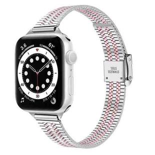 14mm Seven-beads Double Safety Buckle Slim Steel Watch Band For Apple Watch Series 9&8&7 41mm / SE 3&SE 2&6&SE&5&4 40mm / 3&2&1 38mm(Silver Pink)