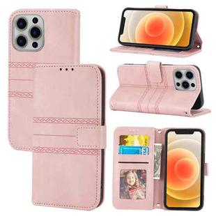For iPhone 13 Embossed Striped Magnetic Buckle PU + TPU Horizontal Flip Leather Case with Holder & Card Slot & Wallet & Photo Frame & Sling mini(Pink)