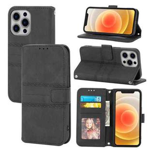 For iPhone 13 Embossed Striped Magnetic Buckle PU + TPU Horizontal Flip Leather Case with Holder & Card Slot & Wallet & Photo Frame & Sling(Black)