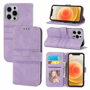 For iPhone 13 Pro Embossed Striped Magnetic Buckle PU + TPU Horizontal Flip Leather Case with Holder & Card Slot & Wallet & Photo Frame & Sling (Purple)
