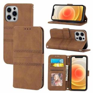 For iPhone 13 Pro Max Embossed Striped Magnetic Buckle PU + TPU Horizontal Flip Leather Case with Holder & Card Slot & Wallet & Photo Frame & Sling (Brown)