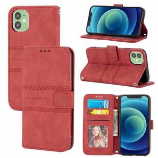 For iPhone 11 Pro Embossed Striped Magnetic Buckle PU + TPU Horizontal Flip Leather Casewith Holder & Card Slot & Wallet & Photo Frame & Sling (Red)