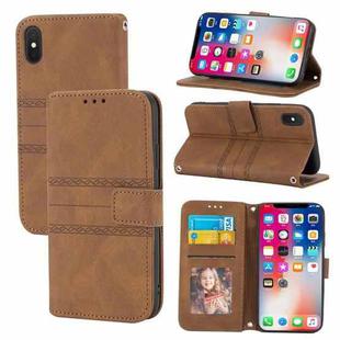 For iPhone X / XS Embossed Striped Magnetic Buckle PU + TPU Horizontal Flip Leather Case with Holder & Card Slot & Wallet & Photo Frame & Sling(Brown)