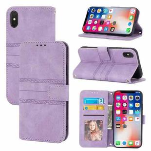 For iPhone X / XS Embossed Striped Magnetic Buckle PU + TPU Horizontal Flip Leather Case with Holder & Card Slot & Wallet & Photo Frame & Sling(Purple)