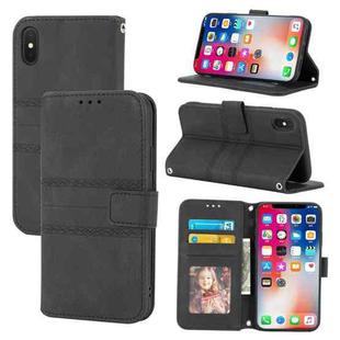 For iPhone X / XS Embossed Striped Magnetic Buckle PU + TPU Horizontal Flip Leather Case with Holder & Card Slot & Wallet & Photo Frame & Sling(Black)