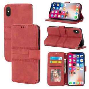 For iPhone XS Max Embossed Striped Magnetic Buckle PU + TPU Horizontal Flip Leather Case with Holder & Card Slot & Wallet & Photo Frame & Sling(Red)