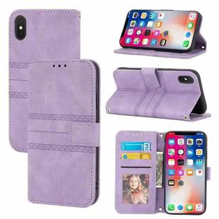 For iPhone XS Max Embossed Striped Magnetic Buckle PU + TPU Horizontal Flip Leather Case with Holder & Card Slot & Wallet & Photo Frame & Sling(Purple)
