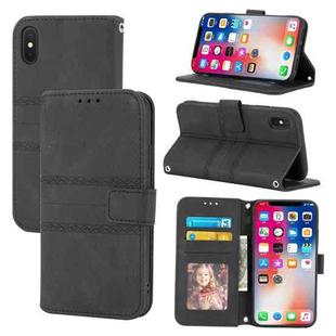 For iPhone XR Embossed Striped Magnetic Buckle PU + TPU Horizontal Flip Leather Case with Holder & Card Slot & Wallet & Photo Frame & Sling(Black)